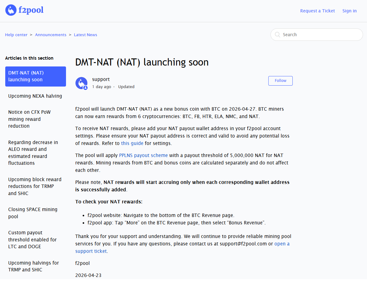 NAToshiNATamoto's tweet photo. @f2pool, congratulations! 🎉👏

DMT-NAT ( $NAT ) launching soon

"f2pool will launch DMT-NAT (NAT) as a new bonus coin with BTC on 2026-04-27."

Who is next?

#NAT @natgmi @tap_protocol #Bitcoin #Mining @ViaBTC @FoundryServices @binance @cz_binance @ABTC @AntPoolofficial @saylor https://t.co/D7g2nyxRfq