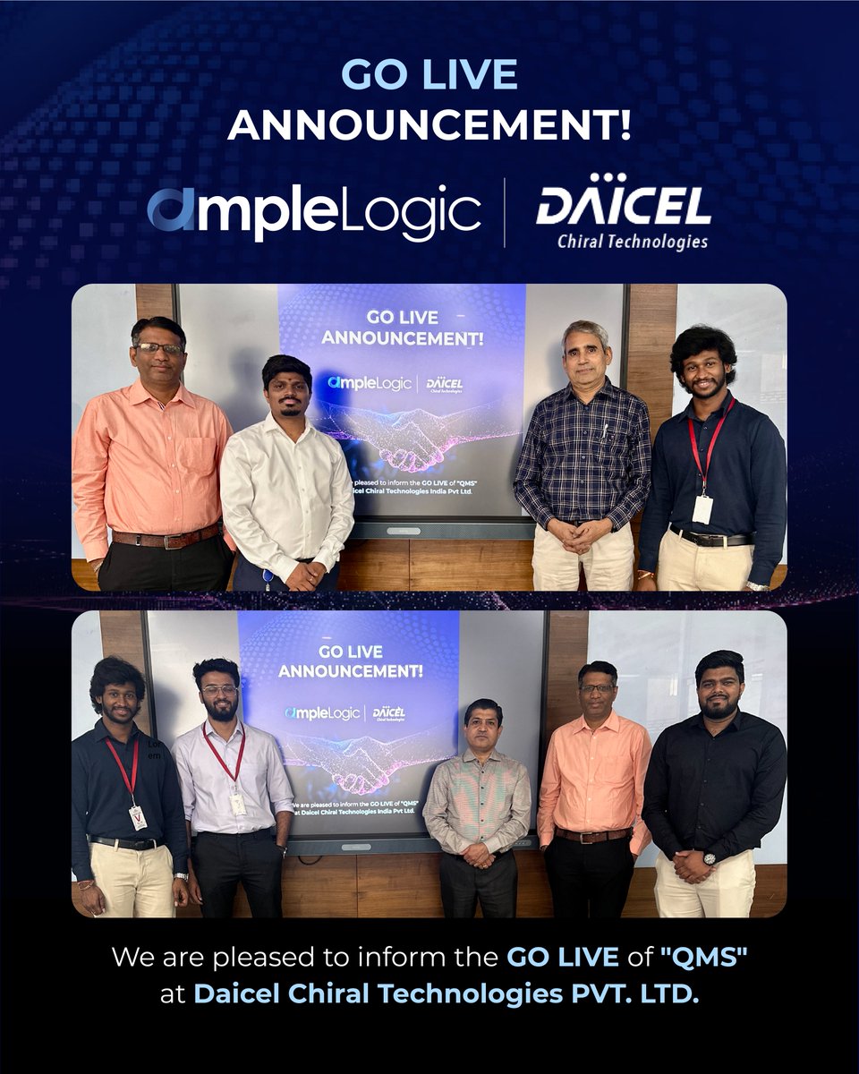 Ample_Logic's tweet image. 🚀 Go-Live Success!

AmpleLogic × Daicel Chiral Technologies (India) Pvt Ltd

QMS successfully deployed—driving smarter quality, stronger compliance &amp;amp; real-time insights.
A big step toward digital transformation in life sciences!
#GoLive #QMS #PharmaTech #DigitalTransformation