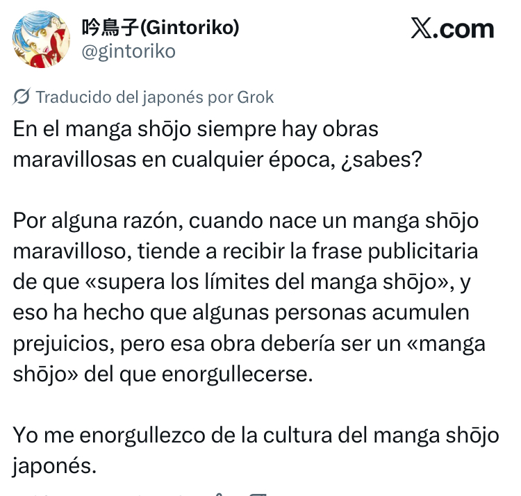 Queremos destacar este tuit que ha publicado la mismísima Gin Toriko tras la salida de la revista, de cómo se percibe el manga shôjo y cómo no solo existe ese prejuicio en Occidente, sino en el mismísimo Japón.