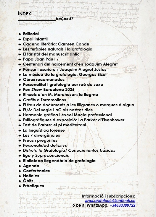 Índice revista Trazos / Traços n. 57
Revista semestral de grafologia Trazos/Traços
En castellano y en catalán
Suscripción en el whatsapp: 630 38 07 22
#revistatrazos #revistatraços #revistadegrafología