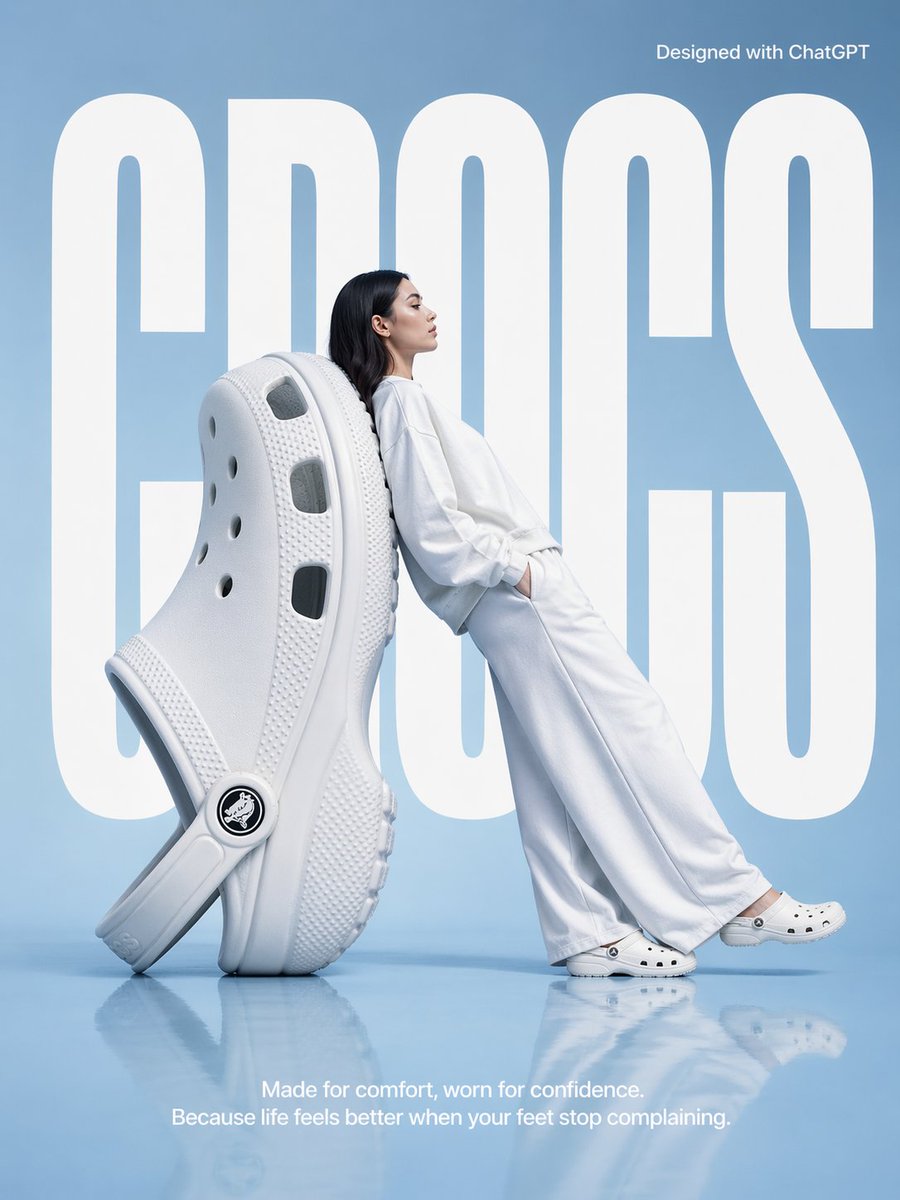 rovvmut_'s tweet image. GPT Image 2 on ChatGPT app.

Prompt: A high-fashion surrealist advertising poster for Crocs. The scene is set in a minimalist, monochrome light blue studio with a semi-reflective floor. 
The central focus is an oversized, giant white Croc clog positioned on its heel at a diagonal