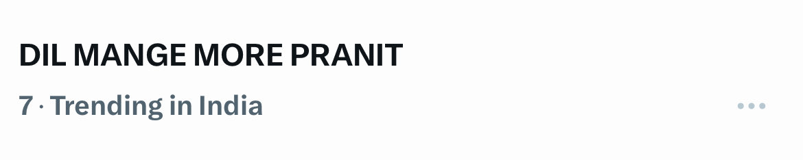 Huge congratulations to everyone for a successful trend. We were trending at number 7 🔥🔥🔥
DIL MANGE MORE PRANIT 
Always here for bhau. Wishing you the bestest in your upcoming projects. And keep on growing and manifesting more millions of followers

#PranitMore |