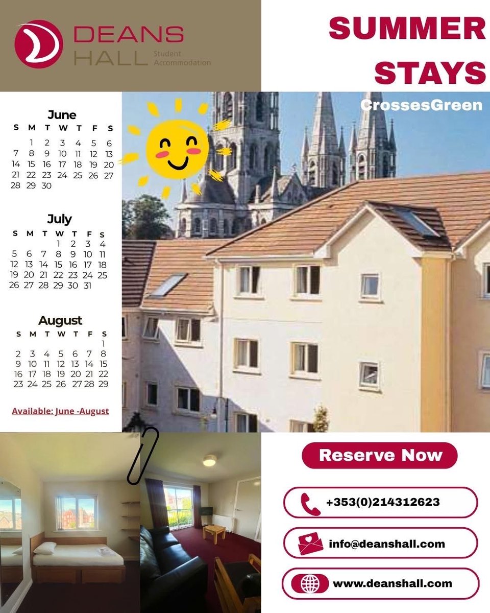 DeansHall's tweet image. Summer in Cork is calling! ☀️

Working or studying in the city? We offer both short- and long-term stays at Crosses Green 😄

Get in touch today to secure your spot!

#deanshall #corkcity #accommodation #summer