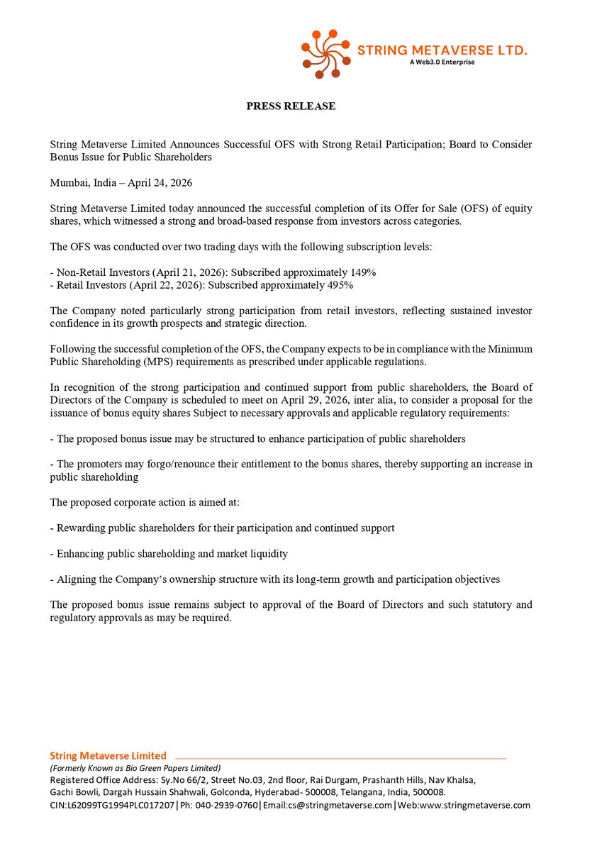 StringMetaverse's tweet image. String Metaverse Limited Announces Successful OFS with Strong Retail Participation;

Board to Consider Bonus Issue for Public Shareholders.

bseindia.com/xml-data/corpf…

#Stringmetaverse #Bonus #OFS #Airdrop #BSE