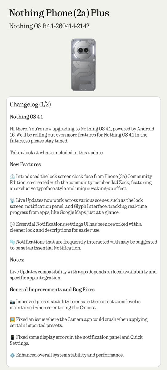Nothing_Update's tweet photo. A new update is rolling out for Nothing Phone (2a) Plus!
Version: Nothing OS B4.1-260414-2142 https://t.co/YWc43dBaBK