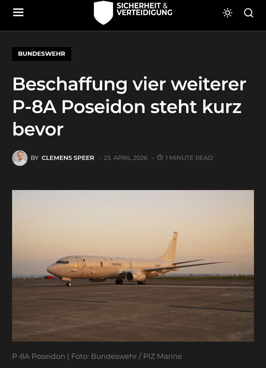 MegatrendGlobal's tweet photo. $OSS German Navy to Expand P-8A Poseidon Fleet to 12 Aircraft

Vice Admiral Jan Christian Kaack (Inspector of the Navy) has officially confirmed that Germany is on the verge of procuring 4 additional P-8A Poseidon aircraft ($BA). This expansion brings the total fleet to 12, meeting the long-term strategic requirements of the "Kurs Marine" program.