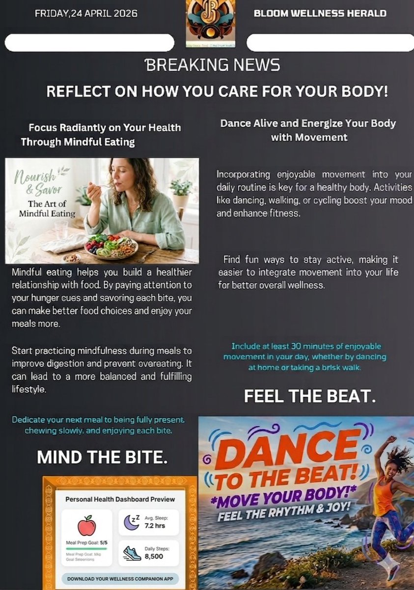 afuuman's tweet image. Bloom Wellness Herald 📰
​Reflect on your health! 💎
​🍎 Mind The Bite: Fuel your cells. Mindful eating prevents metabolic bankruptcy. 🏦
​💃 Feel The Beat: 30 mins of movement is a vital deposit! ⚡️
​Details: bit.ly/4tCeTua
​#Vitality #Vmoment #Health #Wellness