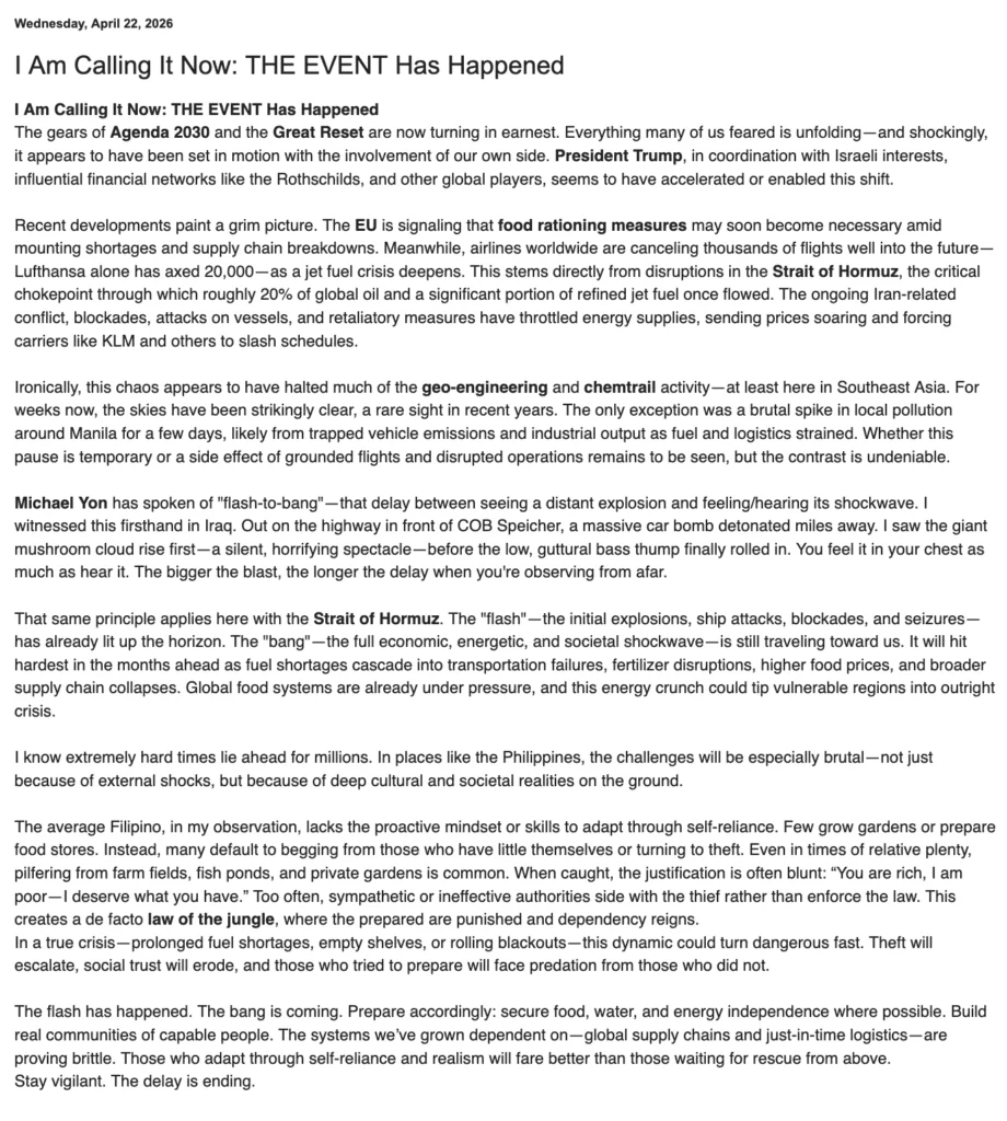 Matt_Bracken48's tweet photo. Enlarge to read, or go to the link. 
https://t.co/lnZvrjgS7M
It's all about "flash to bang" when it comes to the consequences of the closure of the Strait of Hormuz. We have seen the flash, but have yet to feel the bang. https://t.co/EyHclkU4aO