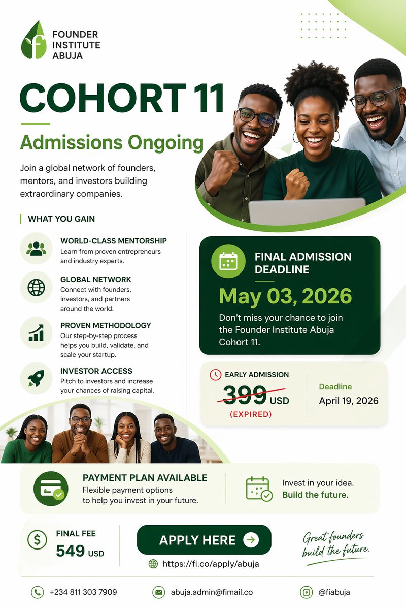 🚨 Final Call for Applications – Don’t Miss Out

Applications for Cohort 11 of the Founder Institute Abuja are closing soon. This is your last opportunity to join a global network of founders, 

👉 Apply now: fi.co/apply/abuja

Build right. Build strong.