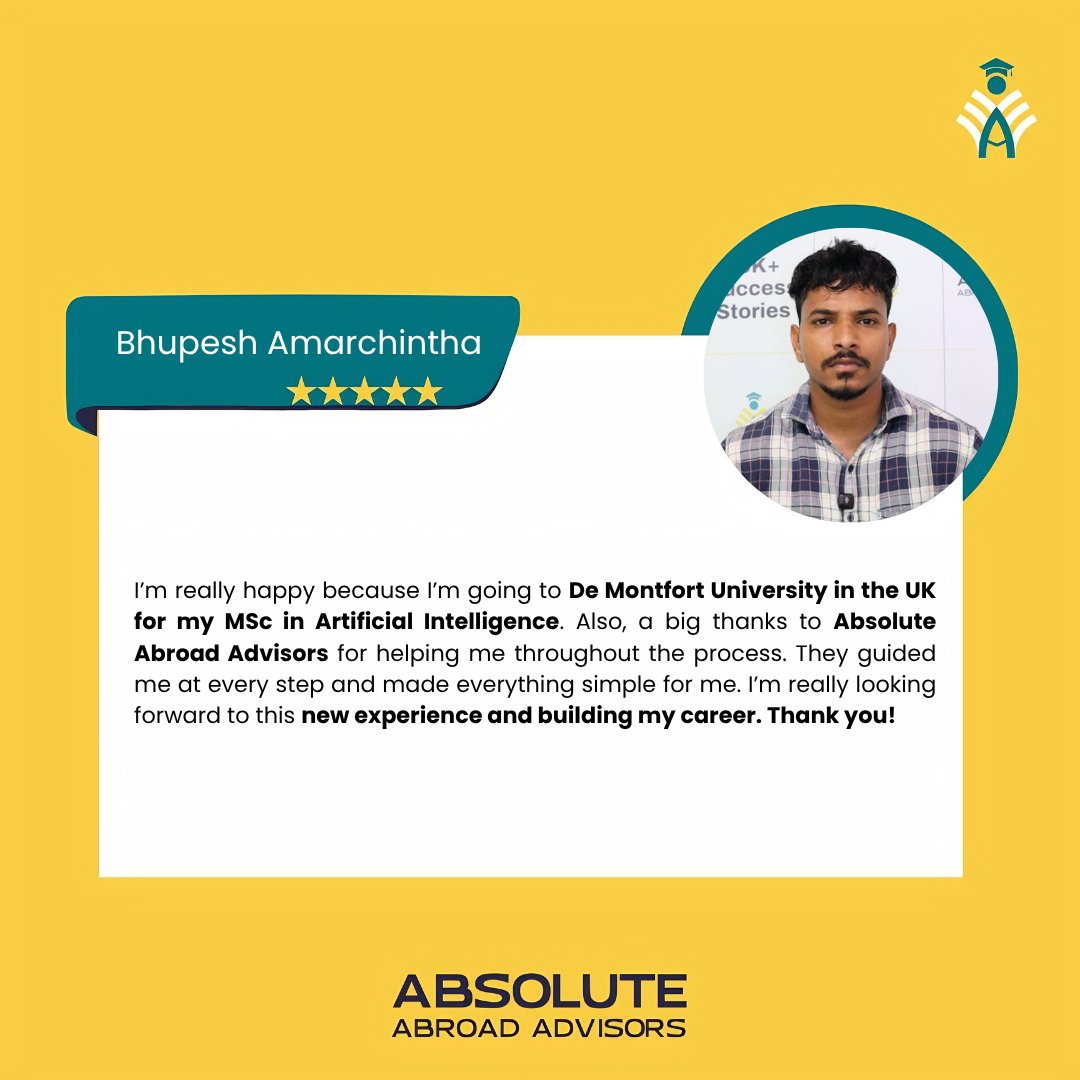 absoluteabroad1's tweet image. Congratulations to Bhupesh Amarchintha on securing admission to De Montfort University, UK for MSc in Artificial Intelligence 
📍Banjara Hills, Hyderabad, Telangana, India
🌐 absoluteabroad.in | 📞 9346466055 , 9671471496
.
#AbsoluteAbroadAdvisors #StudyInUK #StudentSuccess