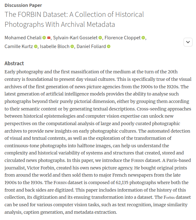 up_johd's tweet photo. #johdpapers
New #discussionpaper out!
📰The FORBIN Dataset: A Collection of Historical Photographs With Archival Metadata
✒️Mohamed Chelali, Sylvain-Karl Gosselet, Florence Cloppet, Camille Kurtz, Daniel Foliard
👉https://t.co/AUpfusaATr

#ComputerVision #TextRecognition #DH https://t.co/oTLGBtdn5C