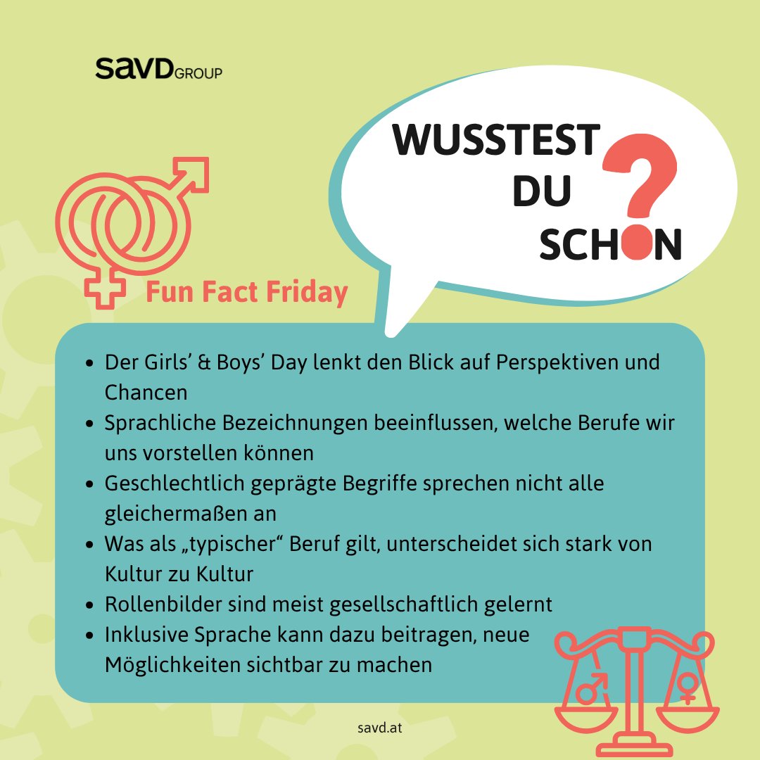 🎉 Fun Fact Friday – Sprache &amp; Rollenbilder 👧👦✨

Gestern war Girls’ &amp; Boys’ Day – ein Anlass, um über Perspektiven, Chancen und Sprache nachzudenken.

👉 Der Girls’ &amp; Boys’ Day erinnert daran:
Chancengleichheit beginnt auch bei der Sprache.

#FunFactFriday #savd