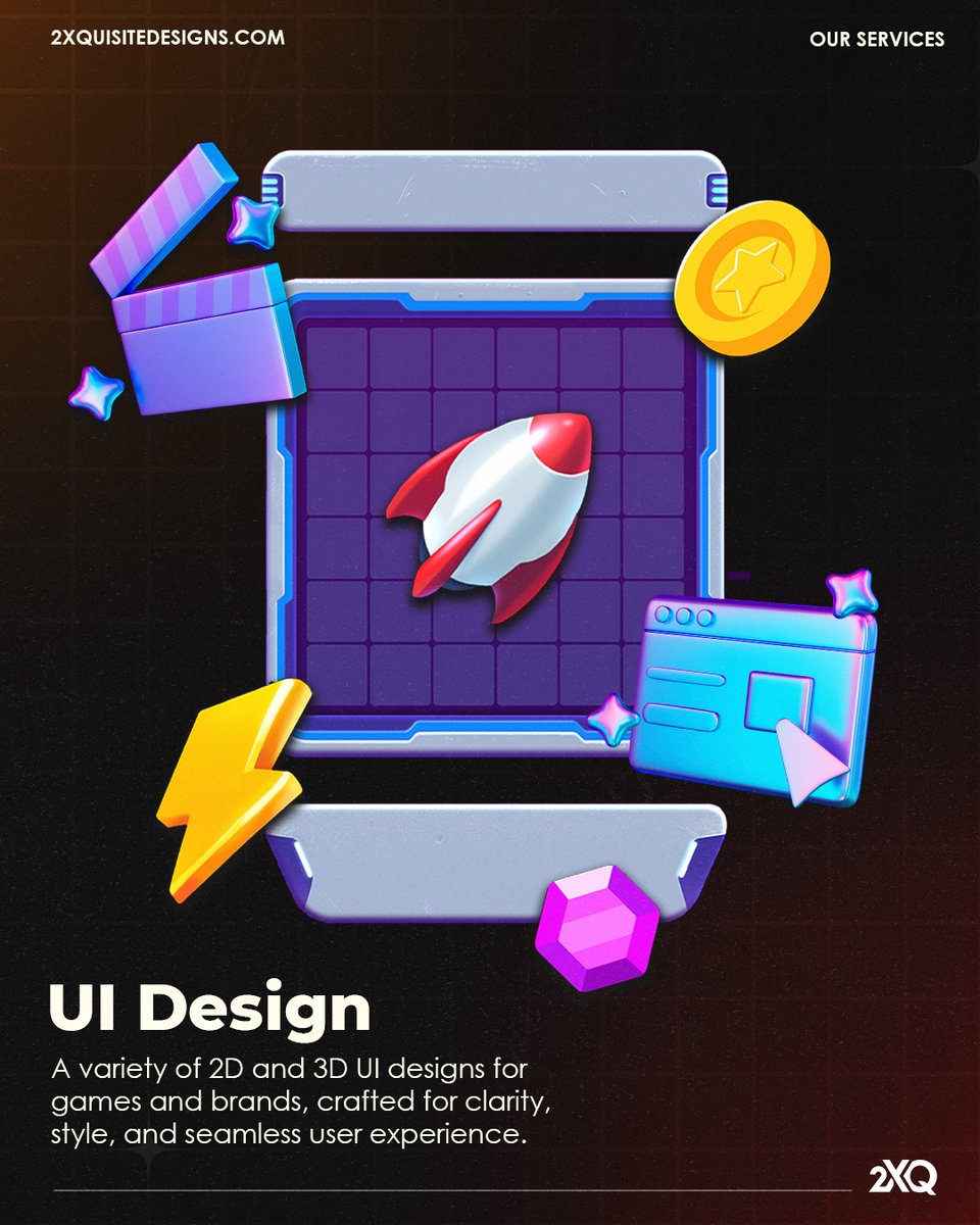 2XQDesigns's tweet photo. 2D icons to full 3D game interfaces built for clarity, style, and seamless UX. Perfect for games and digital products

Message us today for a quotation and let’s build your next project
📩 info@2xquisitedesigns.com
🌐 https://t.co/OksDQwMIWS
📞 +1 650-669-0711

#UIDesign #GameUI https://t.co/7pXbKXHakF
