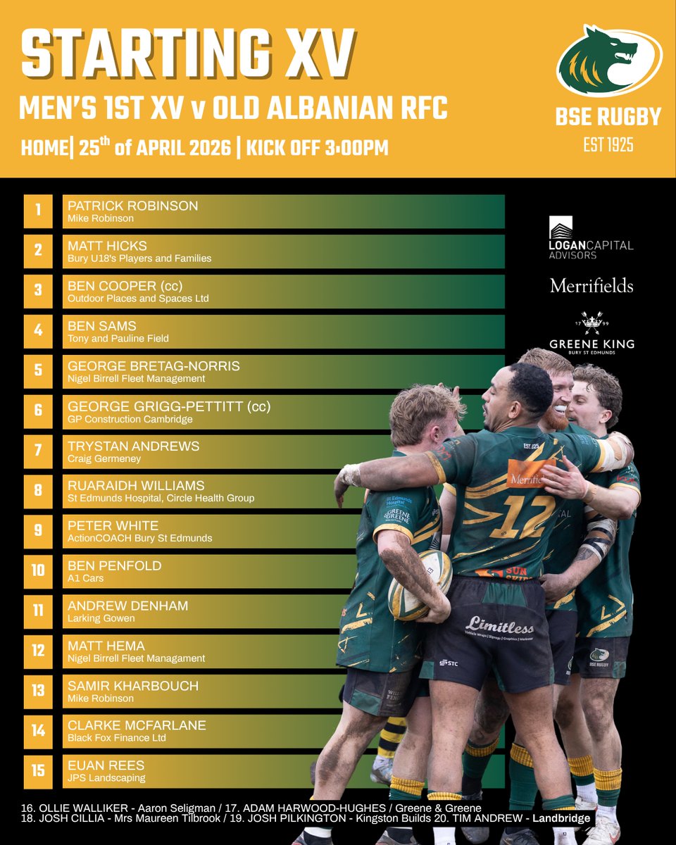 BSERugby's tweet image. TEAM ANNOUNCEMENT

Men's 1st XV 🆚 Old Albanians
📅 Saturday 25th April
🕒 3.00 pm KO
📍 Greene King IPA Haberden
🏆 National League 2 East

Match Sponsored by Merrifields
Charity Partner Alzheimers UK

#Rugby #Nat2E #CommunityFirst #OneClub #morethanjustarugbyclub #BSERugby