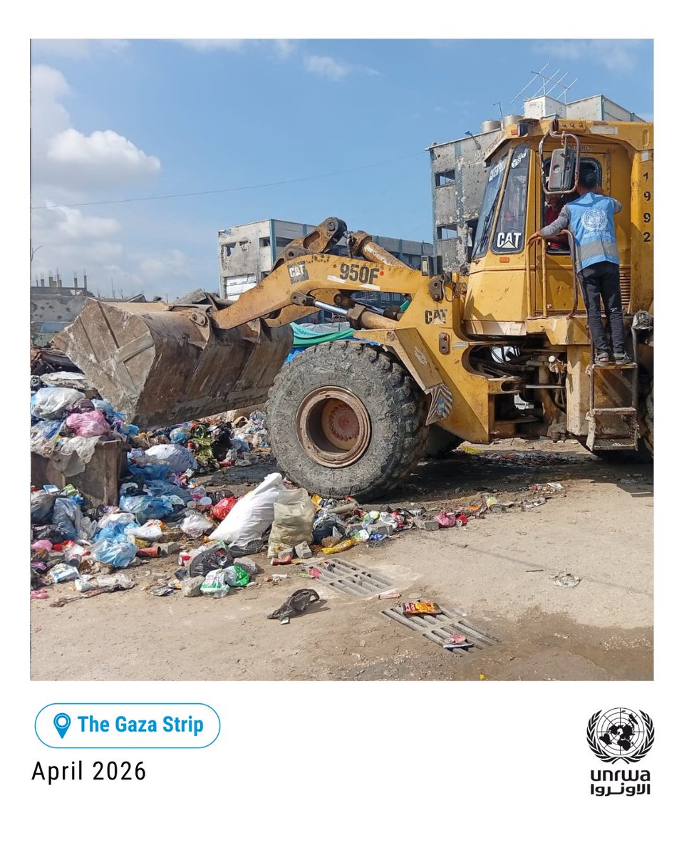 UNRWA's tweet image. In the #Gaza Strip, waste collection is critical to maintaining basic hygiene in overcrowded shelters and displacement sites. 

UNRWA teams continue to manage solid waste despite the harsh conditions, helping reduce risks of outbreaks of disease. 

In the second half of March