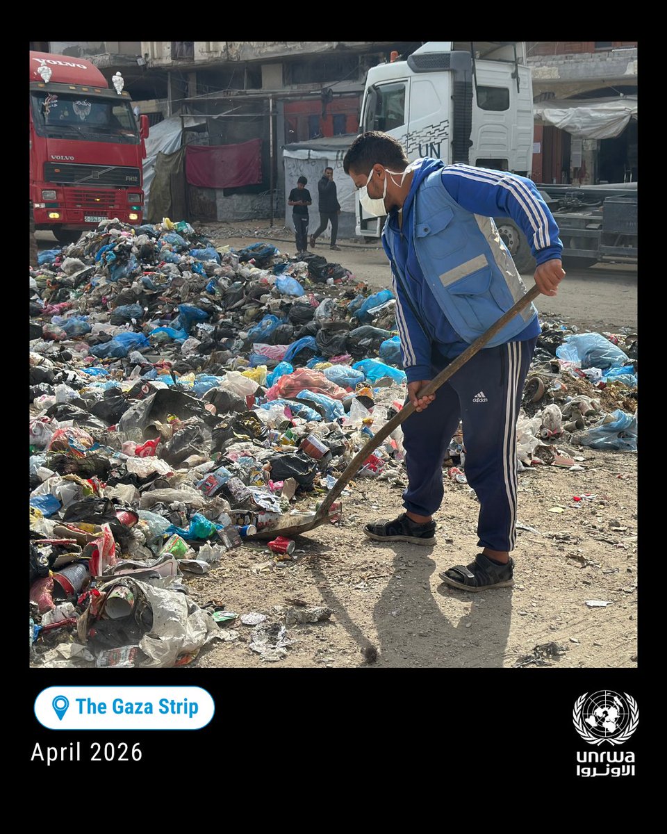 UNRWA's tweet image. In the #Gaza Strip, waste collection is critical to maintaining basic hygiene in overcrowded shelters and displacement sites. 

UNRWA teams continue to manage solid waste despite the harsh conditions, helping reduce risks of outbreaks of disease. 

In the second half of March