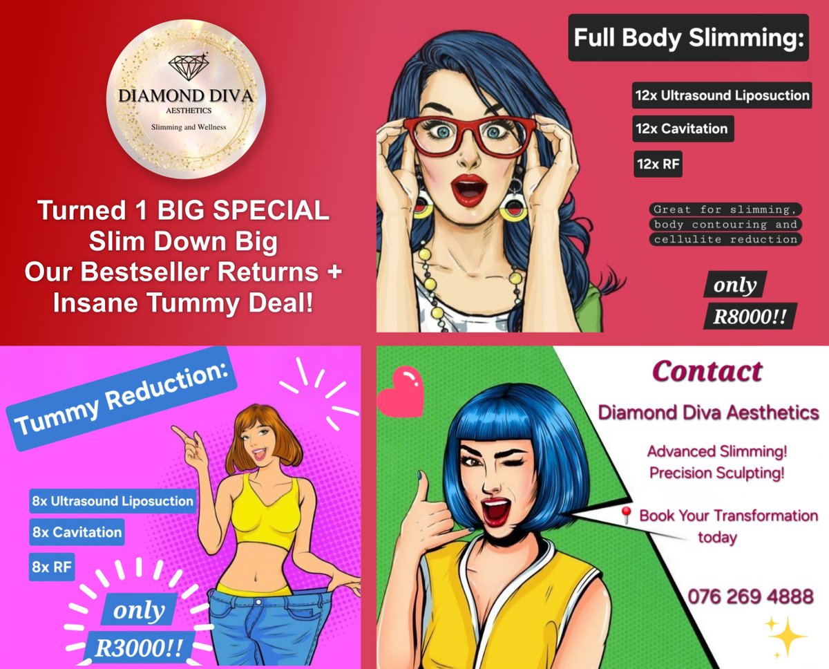 GorePrinting's tweet image. #Diamond #Diva #Aesthetics-Glenanda, Johannesburg South-Turned 1 BIG #BIRTHDAY SPECIAL Our Bestseller Returns + Insane Tummy Deal!

Book Now! Contact 076269488
Join our family facebook.com/diamond.diva.a…
and see all specials and tips and #meal #plans

#bodyslimming #tummyreduction