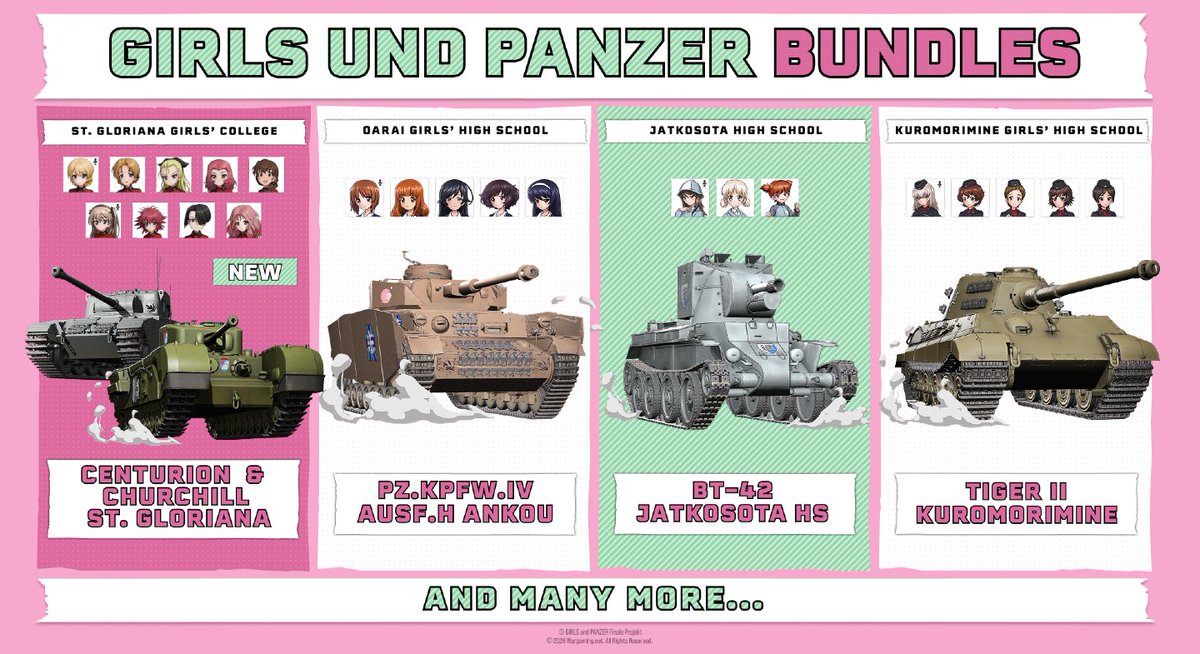 WoTModernArmor's tweet photo. Commander, Panzer Vor! 🌸

Oarai, Kuromorimine, Jatkosota High School - and now the newly added St. Gloriana Girl's College! ☕🎀✨
All 5 school bundles are available for a limited time.

👉 Learn more here: https://t.co/yW6YZMXokQ

#WoTMA #WoTConsole #GirlsUndPanzer #garupan #PanzerVor