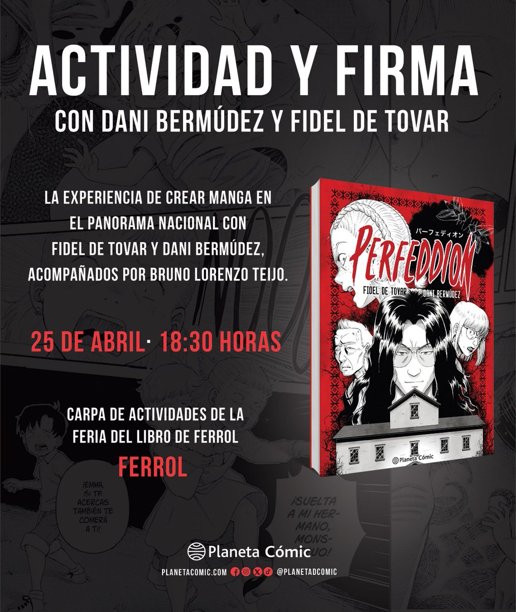 PlanetadComic's tweet photo. ¡Mañana tienes una cita en la Feria del Libro de Ferrol con @Saliendodemi y @senseidani!
✍️ Participarán en una actividad especial y, al finalizar, firmarán ejemplares del recopilatorio de #PlanetaManga: #Perfeddion.
🗓️ 25/04 · 18:30 h
📍 Carpa de Actividades de la Feria del Libro de Ferrol.
🪐 https://t.co/hge6k0Tz1f