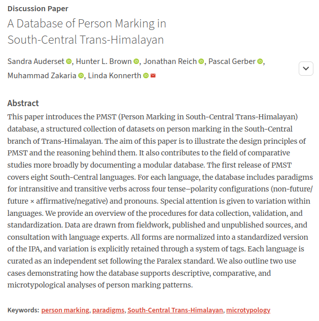 up_johd's tweet photo. #johdpapers
New #discussionpaper out
📰A Database of Person Marking in South-Central Trans-Himalayan
✒️Sandra Auderset, Hunter L. Brown, Jonathan Reich, Pascal Gerber, Muhammad Zakaria, Linda Konnerth
👉https://t.co/DjapsDlvDo

#Typology #Linguistics #Data https://t.co/nzjp5bPxx8