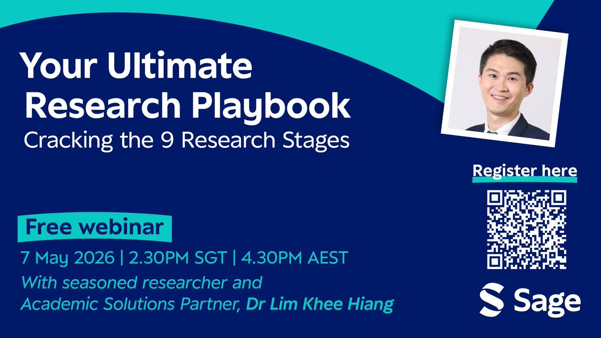 📊 เริ่มทำวิจัยให้เป็นระบบ!

ชวนร่วม SAGE Webinar: The 9 Stages of the Research Process
เรียนรู้ครบตั้งแต่ตั้งคำถาม ➡️ วิเคราะห์ข้อมูล ➡️ สร้างองค์ความรู้
📅 7 พ.ค. 69 | ⏰ 13.30–15.30 น.
ลงทะเบียนฟรี 👇
 us02web.zoom.us/webinar/regist…