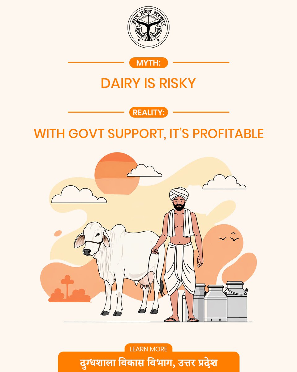 UPDairyDept's tweet image. Myth: Dairy is risky ❌
Reality: With the right support, it becomes a steady source of income ✅

With government schemes and guidance, dairy farming isn’t just safe—it’s a smart and profitable opportunity for farmers.

#DairyFarming #FarmerSuccess #MilkProduction #IndiaFarming