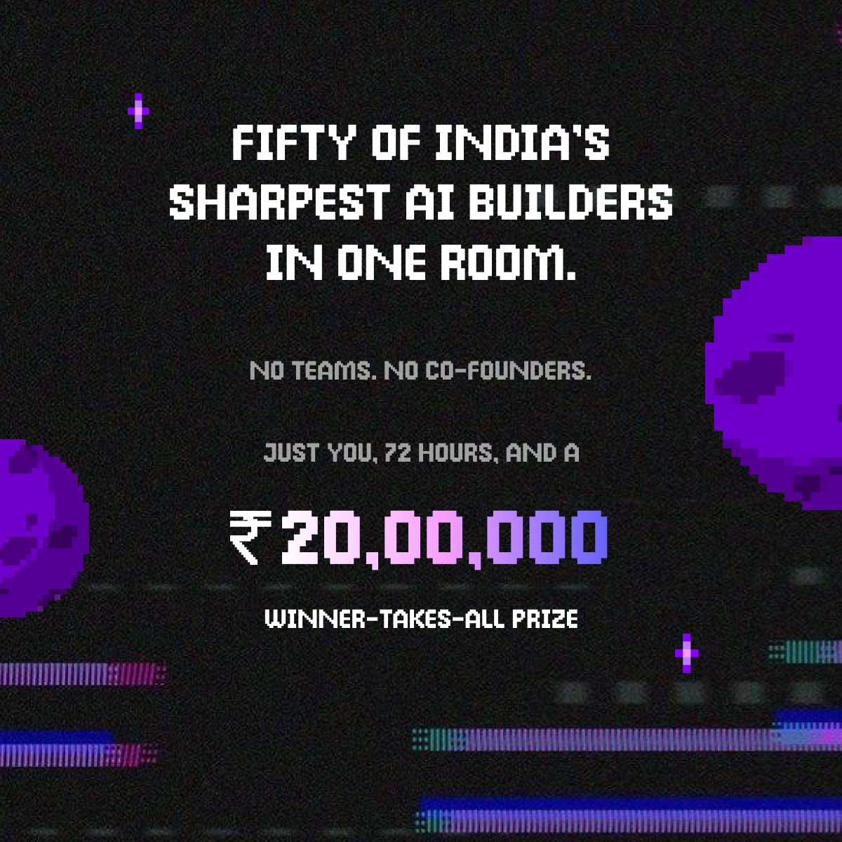 vikramchopra's tweet photo. If you’re a good builder, you don’t need a team to get started. You need time, pressure and the right tools.

Introducing Token ’26
Our very own AI Hackathon

Fifty AI engineers. Each working alone. Seventy-two hours to go from nothing to something that works.

Hosting it in New Delhi from May 28–30. Winners take home Rs 20 lakhs.

Partnering with @OpenAI, @ElevenLabs and @awscloud  so you have the best infrastructure available. Beyond that, it’s just you and the problem you choose to solve.

This is not for beginners. You should have at least a year of shipping real products. You’ve felt the frustration of things breaking, and you know how to fix them.

There are only 50 spots. Apply here: https://t.co/P7C53pmNR7