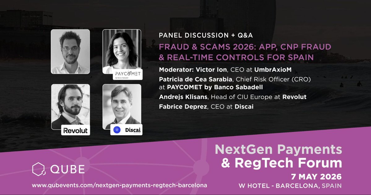 qubevents's tweet image. Join a high-level panel discussion at the NextGen Payments &amp;amp; RegTech Forum - Barcelona, taking place on 7 May 2026 at the W Hotel, Barcelona.

Final seats available! Register NOW: cstu.io/9ea09b

#qubevents #Payments #OpenBanking #CrossBorderPayments #B2BPayments