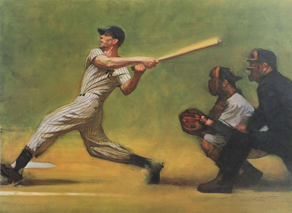 Jimfrombaseball's tweet photo. "He knew what the press and the fans and the kids expected of him, and he was always trying to live up to that image.
That's why he couldn't be silly in public like I could, or ever be caught without his shirt buttoned or his shoes shined.
He knew he was Joe DiMaggio and he knew what that meant to the country."
Lefty Grove.
"There was a majesty in his swing and a self-assured confidence in style and conduct, that was uniquely Joe DiMaggio’s.
In the eye of his public, he was more than a sports hero.
He was among the most cherished icons of popular culture."
Ernest Hemingway.
"Joe DiMaggio batting sometimes gave the impression, the suggestion that the  old rules and dimensions of baseball no longer applied to him, and that the game had at last grown unfairly easy."
Donald Hall.
The 14th "Poet Laureate of the United States"
"Joe DiMaggio"
Art by Harvey Dinnerstein.