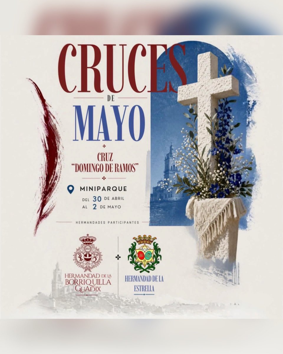 fedcofguadix's tweet photo. La Federación invita a todos los accitanos y visitantes a disfrutar de las tradicionales Cruces de Mayo, que se celebrarán del 30 de abril al 3 de mayo, de la mano de nuestras hermandades.

#SemanaSantaGuadix https://t.co/eg9kaw0qHW