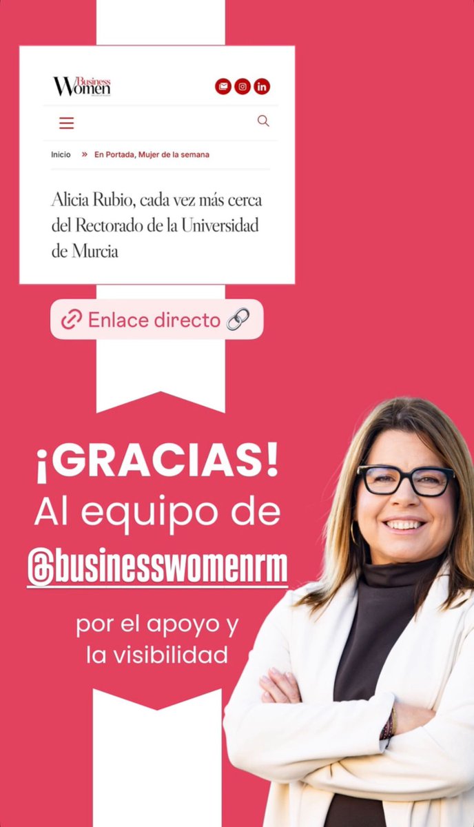 ENTREVISTA | Gracias a #BusinessWomanRM por darme de nuevo voz.

👉🗳️ "La #UMU se enfrenta a una decisión histórica. Lo que está en juego es si avanzamos hacia una institución más humana, moderna y justa".

#UnaRectoraParaTodaLaUniversidad

📰businesswomenrm.es/alicia-rubio-c…