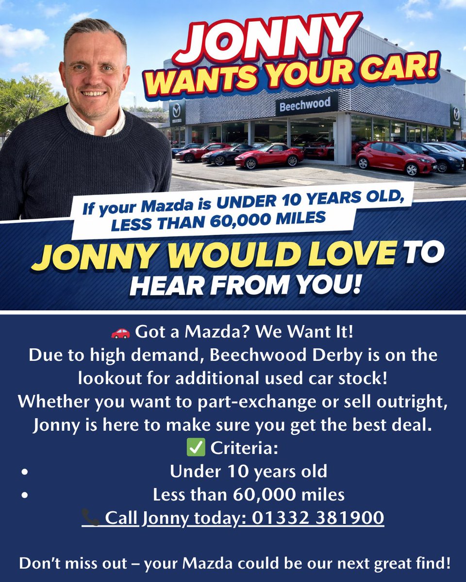BeechwoodMotors's tweet image. 🚗 Mazda owners! Beechwood Derby needs more used cars!

✅ Under 10 yrs &amp;amp; &amp;lt;60k miles?
Sell or part-exchange with Jonny for the best deal!
📞 01332 381900
💬 Tag a friend who might be interested!

#Mazda #BeechwoodMotors #UsedCars