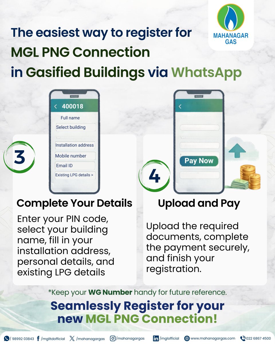 mahanagargas's tweet image. #MGLUpdate

Registering for your new MGL PNG connection is now just a WhatsApp message away.

Simply send “MGLPNG” to +91-98992 03843 &amp;amp; follow these guided steps!

No queues, just a seamless, fully digital experience!
Your #NonStopZindagi starts here.

#SwitchToPNG #SwitchToMGL!