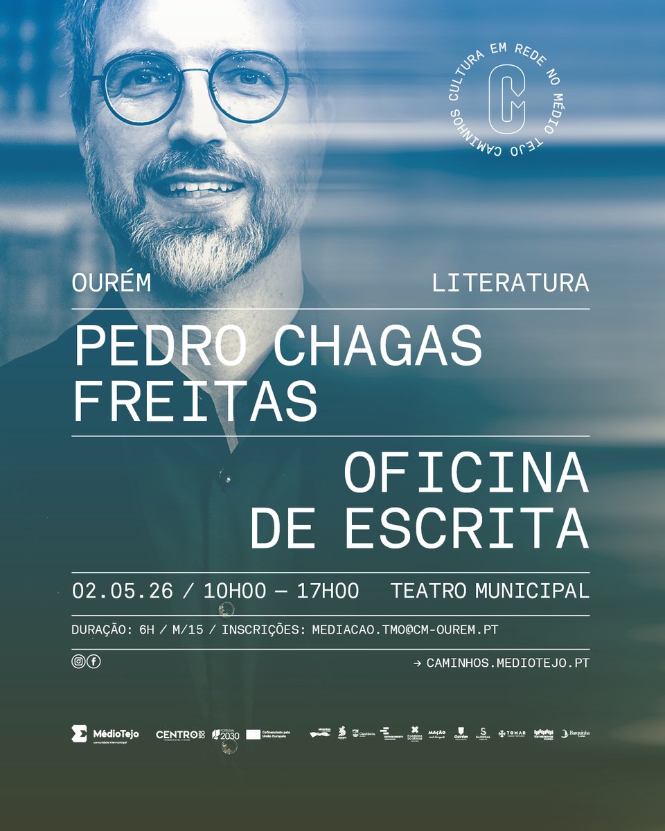 Caminhos 2026 | Oficina de Escrita, com Pedro Chagas Freitas
02 Mai | 10:00 - 17:00 | Gratuito com inscrições em mediacao.tmo@cm-ourem.pt
Oficina | Sala Estúdio TMO

Conhece o programa completo do Caminhos 2026 em caminhos.mediotejo.pt

#tmo #teatromunicipaldeourem