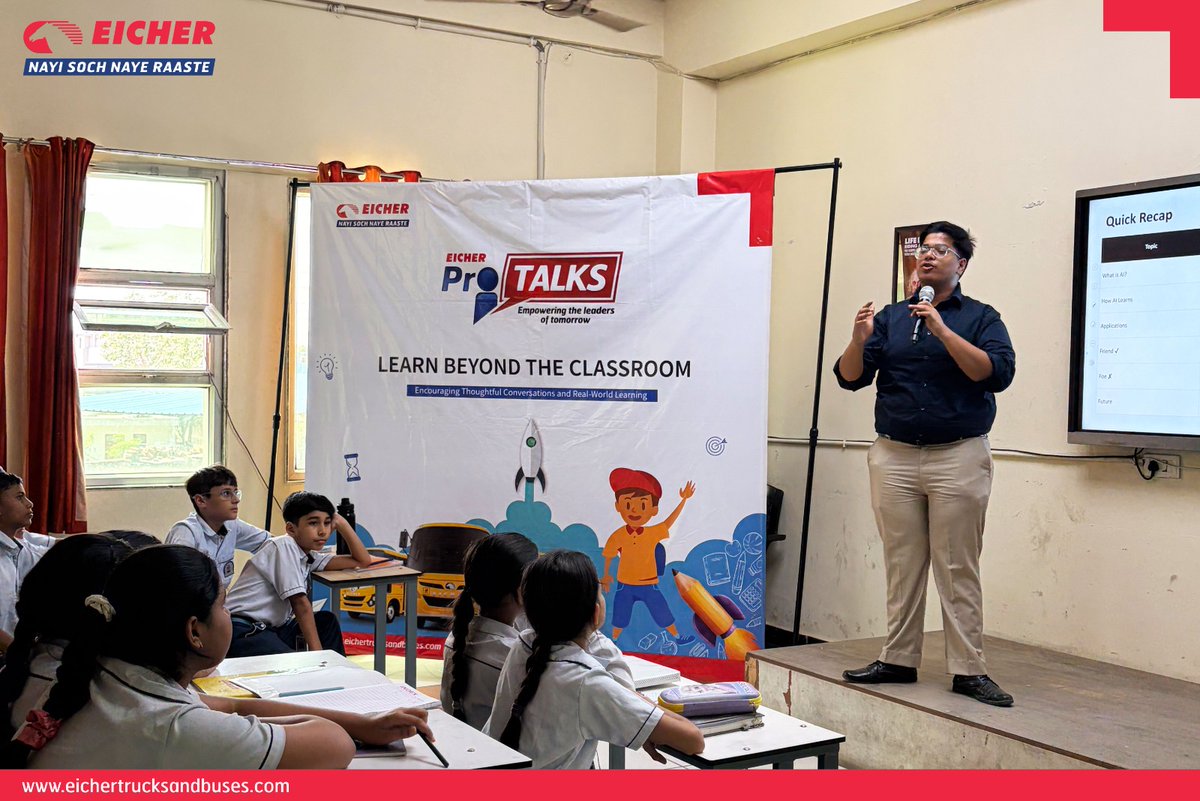 ETBIndia's tweet photo. On 23rd April 2026, Eicher #ProTalks was held at Yaduvanshi Shiksha Niketan, Sec-33, Gurgaon.
Guest speaker Mr. Sarthak Jain engaged students on The Power of #ArtificialIntelligence: Friend or Foe?, exploring how AI is shaping the world around us.
#BeyondTextbooks https://t.co/FxDWsyOUfr