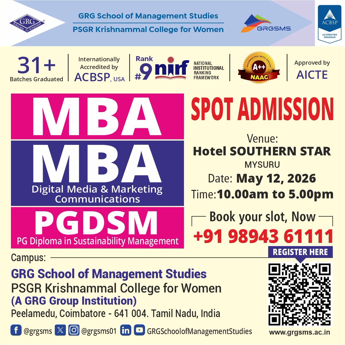 GRGSMS01's tweet photo. MBA &amp; PGDSM Admissions 2026 🎓
Industry-focused programs with expert faculty, internships &amp; placement training.
Specialize in Marketing, Finance, HR &amp; Analytics.
Limited seats—apply now!
📍 Coimbatore
#MBA #PGDSM #MBAAdmissions2026 #ApplyNow #CareerGrowth #Coimbatore #GRGSMS https://t.co/XXd9tMgGYJ