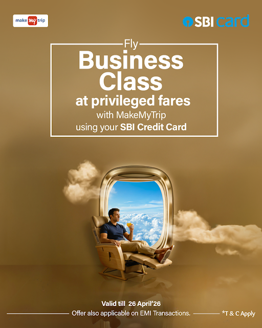 SBICard_Connect's tweet image. Fly Business Class at privileged fares with MakeMyTrip using your SBI Credit Card.

Valid till  26 April’26

Max Discount up to: ₹12,500

Offer also applicable on EMI Transactions.

Know more: sbicards.net/offers-apr26-X

*T&amp;amp;C Apply

#SBICard #Discount #Offers #Deals