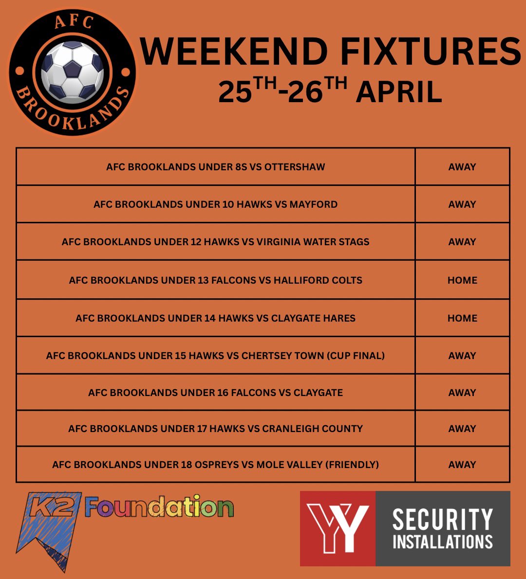 AFCBrooklands's tweet photo. With the season nearing the end, it’s the final push for some! Best of luck to everyone this weekend!⚽️🧡 https://t.co/6pQpplOq3F