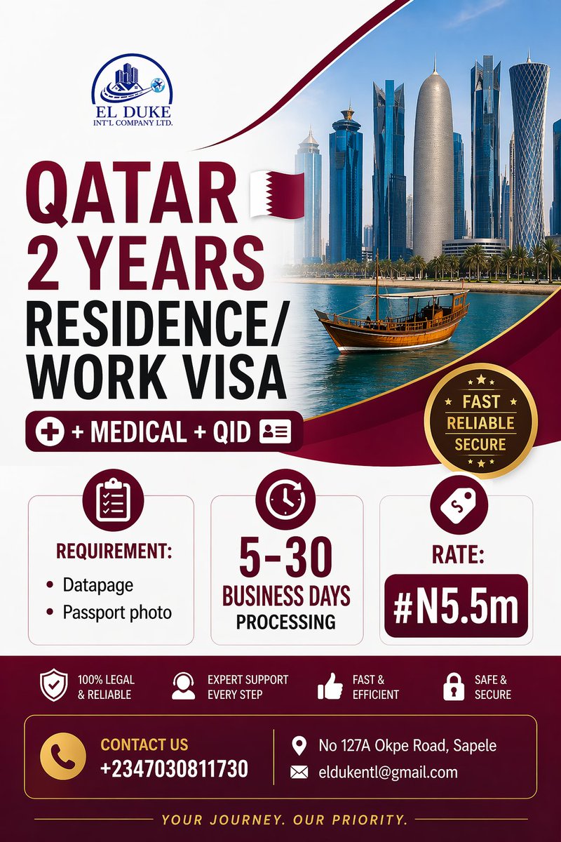 ELDukeintl's tweet image. Have you ever felt like you’re meant for something bigger?

Qatar 🇶🇦 has become one of the top destinations for people ready to take that bold step, a country known for growth, stability, and opportunity.

#TravelGoals #QatarVisa #WorkVisa #TravelWithEase #TravelDeals