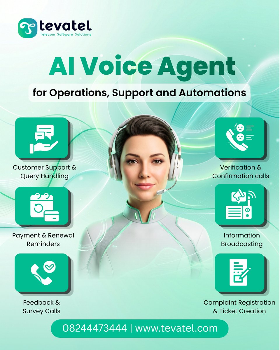 Tevatel_doocti's tweet image. From missed calls to seamless support - AI Voice Agent automates operations, handles queries 24/7, and delivers consistent support at scale, driving growth and engagement.  📨 DM us to book a demo now.  

Visit tevatel.com 

#aivoiceagent #aivoice #aivoicecallingagent