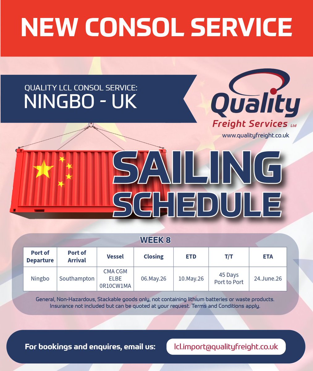 QFSLtd's tweet image. 🚢 More flexibility. Greater reliability 📦

Our new Import Console Service from Ningbo &amp;amp; Shenzhen is officially launched!

📧 lcl.import@qualityfreight.co.uk

#Importing #FreightForwarding #SupplyChain #Logistics #Consolidation #LCL