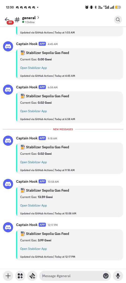 Built a simple gas tracker for <a href="/StabilizerFi/">Stabilizer</a> 

Now I can monitor Sepolia gas fees in real time and spot the best moments to transact no more guessing.

Automated updates and clean alerts straight to Discord.

Next: smarter insights &amp; fee predictions 

 #Web3 #Ethereum