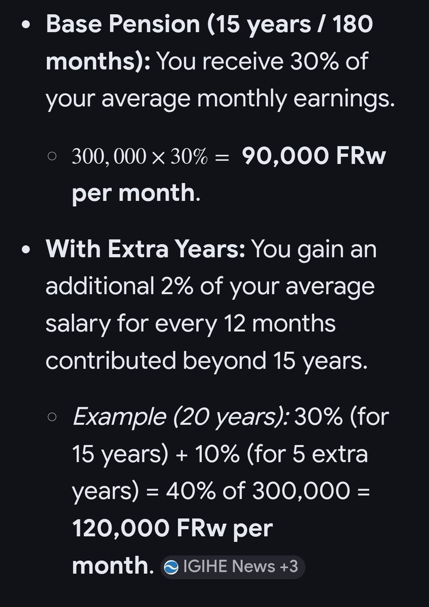 Igiheniki2025's tweet image. Dukurikije imyaka irenga 40 yaramaze mu kazi, akaba afata pansion ya 33k, dukurikije uko pansion ibarwa, yaba yarakoreraga umushahara uri munsi ya #90k ku kwezi. Kandi ibyo ntibishoboka ku muntu wakoreraga #RBA. Bityo #RSSB ikwiye gutanga ibisobanuro. Eg. Below in the screenshoot