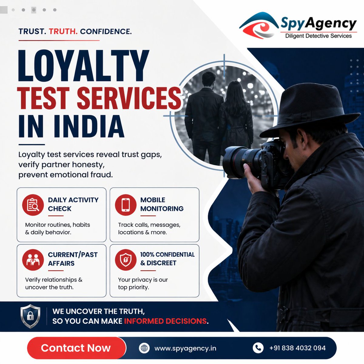 spy1agency's tweet image. Trust isn’t a guess-it's something you verify. 

Our Loyalty Test Services help you uncover the truth with complete discretion and professionalism. From daily activity checks to mobile monitoring and relationship verification

#DetectiveAgency #LoyaltyTest #PrivateInvestigator