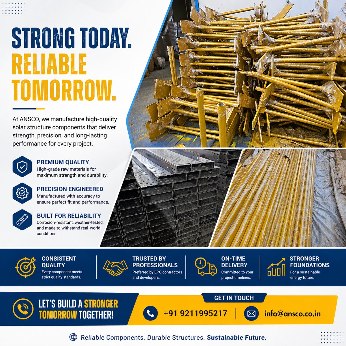 anscosystems's tweet photo. 🔩 Built Strong. Built to Last.  At ANSCO Systems, strength and precision are at the core of everything we manufacture. From high-quality raw materials to expertly engineered components, our solar structure solutions are designed to deliver unmatched durability. https://t.co/PLgzb3wQ8q