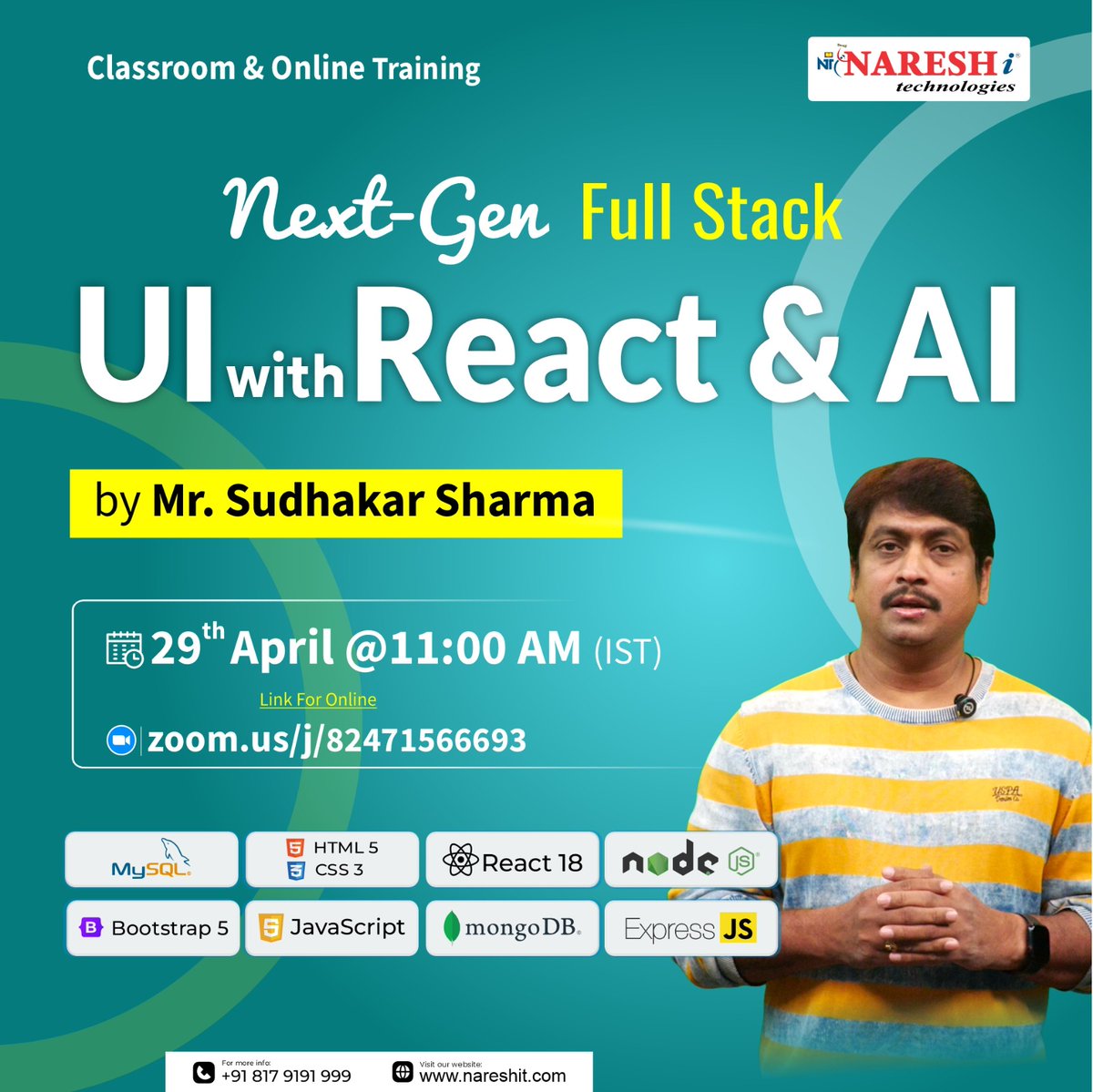 nareshitech's tweet image. 🔥 Want to Build the Future with React &amp;amp; AI?

Register Now: t.ly/UIFSWEB-29APL

🎓 Trainer: Mr. Sudhakar Sharma
📅 Date: 29th April 2026
⏰ Time: 11:00 AM (IST)

#ReactJS #FullStackDevelopment #WebDevelopment #FrontendDeveloper #JavaScript #AI #ArtificialIntelligence