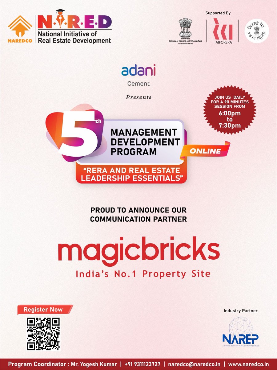 NaredcoNational's tweet image. NAREDCO is pleased to announce Magicbricks as the Communication Partner for the 5th Management Development Program on “RERA and Real Estate Leadership Essentials”.

🔗 Registration Link: tinyurl.com/382832nb

#NAREDCO #Magicbricks  #RealEstateEducation #CommunicationPartner