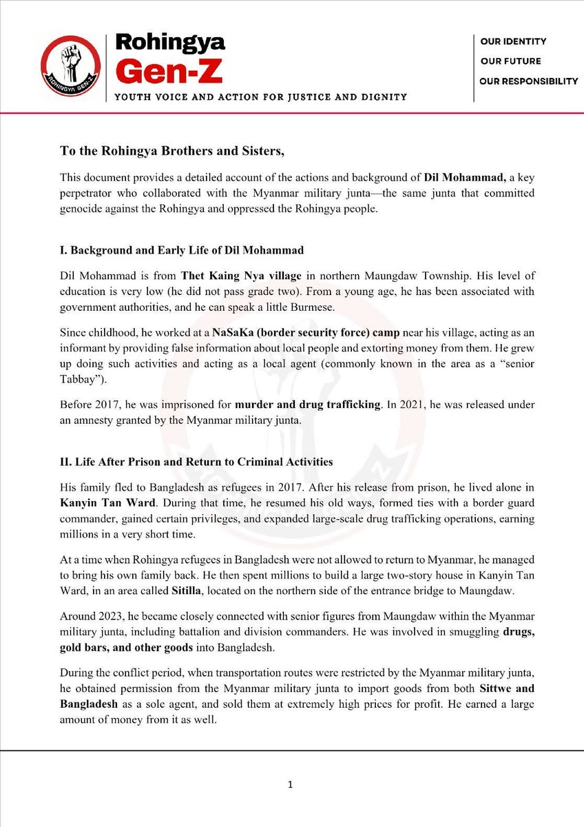 RoGenz46's tweet photo. To the Rohingya Brothers and Sisters,
This document provides a detailed account of the actions and background of Dil Mohammad,a key perpetrator who collaborated with the Myanmar military junta-the same junta that committed genocide against the Rohingya and oppressed the Rohingya. https://t.co/fjSbPBHlAu