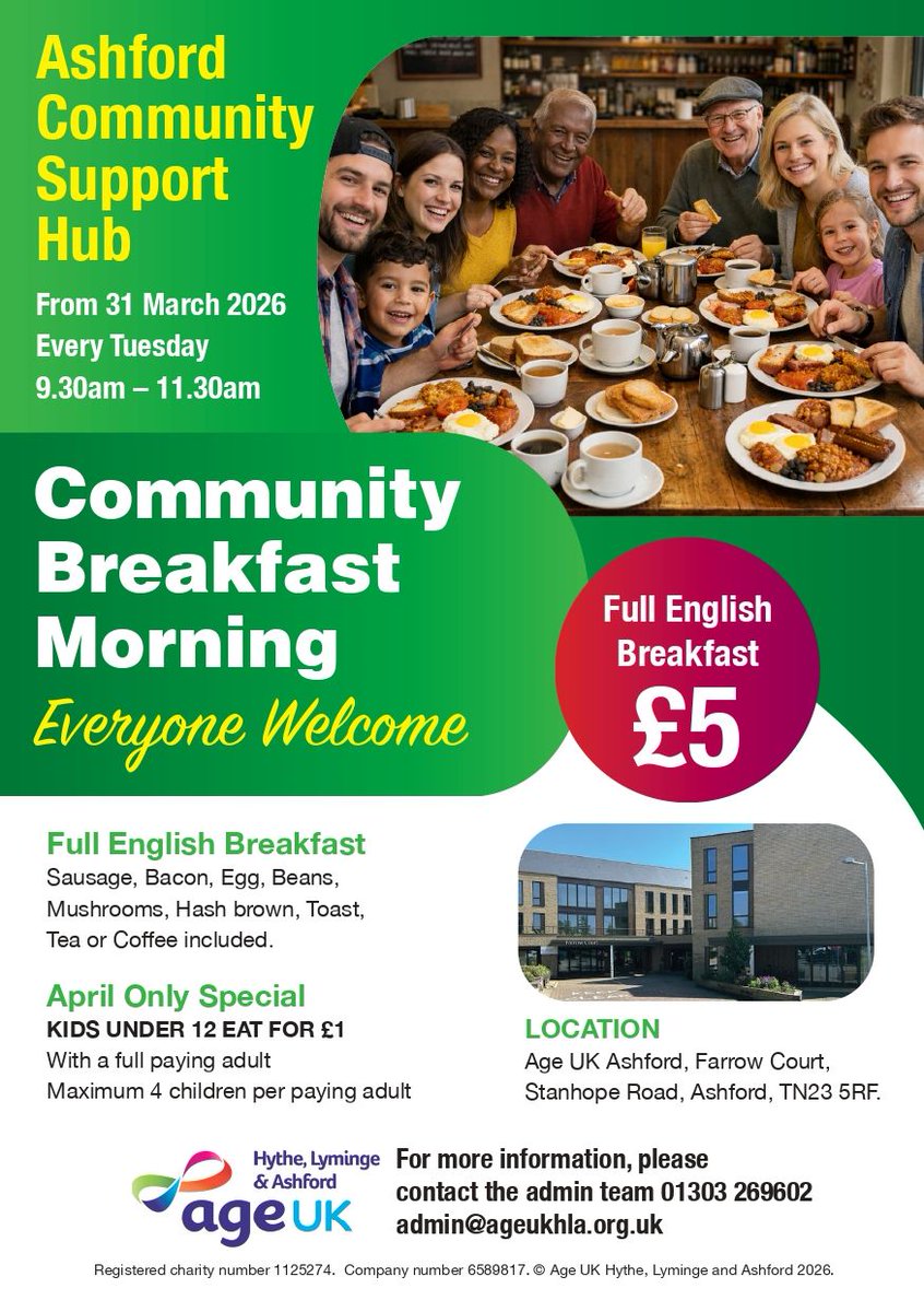 AgeUKHL's tweet image. 🍳 Community Breakfast – Tuesdays

⏰ 9:30am – 11:30am
💷 £5

📍 Age UK Ashford, Farrow Court, Stanhope Rd, Ashford, TN23 5RF

Full English + tea/coffee ☕

📞 01303 269602
📧 admin@ageukhla.org.uk

#Ashford #KentEvents #AgeUK #Community #Breakfast #WhatsOnKent