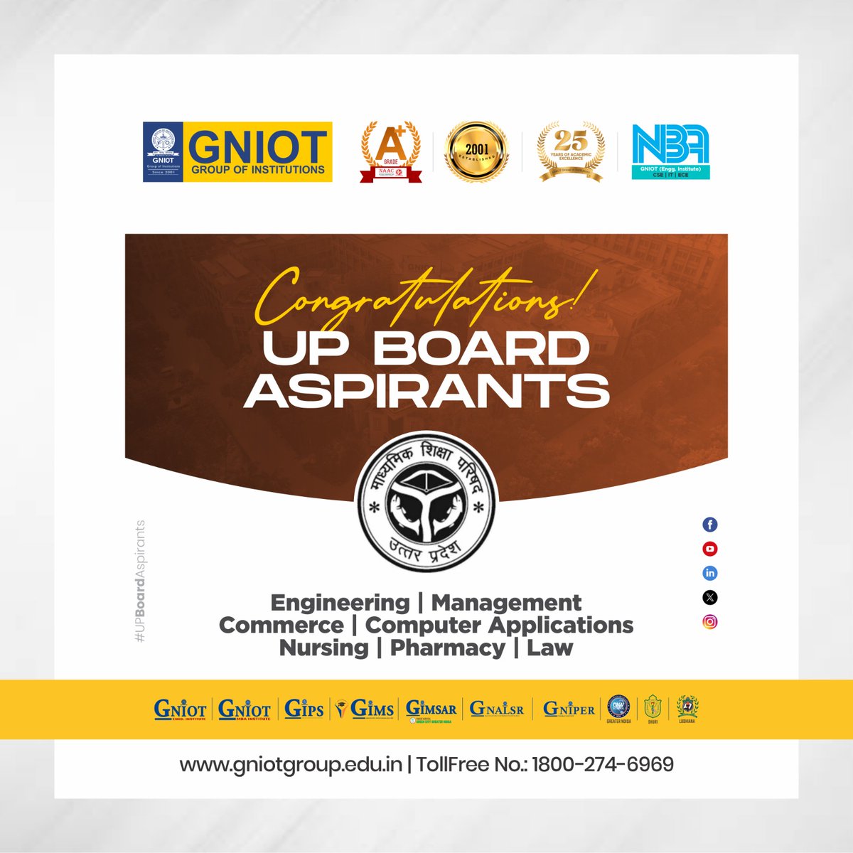GNIOTCollege's tweet image. Congratulations to all UP Board students on your results celebrating hard work dedication and a bright future ahead keep striving for excellence
 #UPBoardResult #Class12Result #SuccessJourney #Admissions2026 #GNIOT